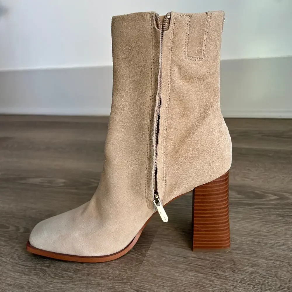 Sam Edelman Ivette Suede Ankle Booties Sesame Square Toe‎ Block Heel Size 9